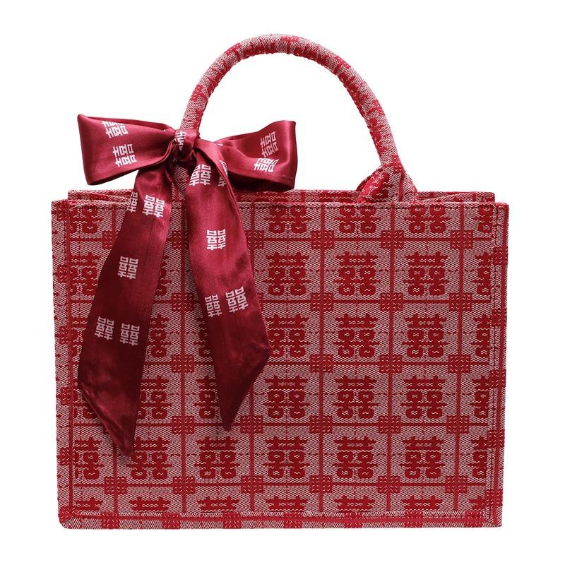 New Wedding Red Fashion Portable Tote Bag Women's Large-capacity Niche Design Baixi Character Canvas Wedding Bag