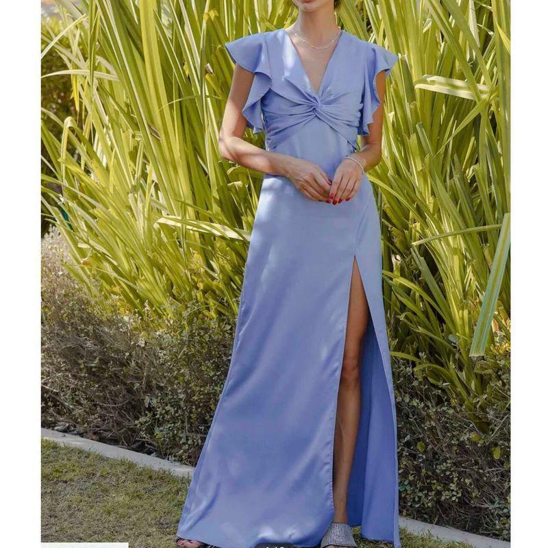 

Export Single French Style Vintage Ruffled V-neck Backless Slit Long Dress Elegant Graceful Slim Looking Twisted Women s Dress Blue XS(6)