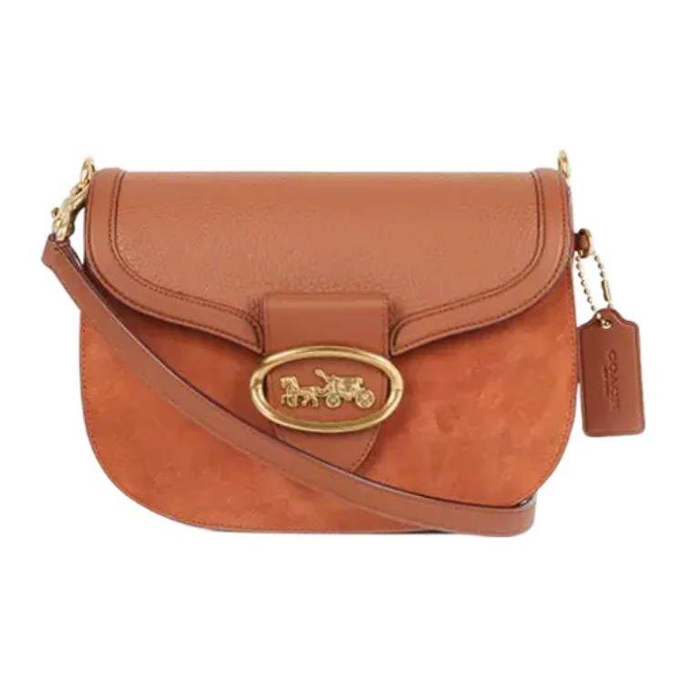 Coach Kat 25 Solid Color Logo Embossed Nameplate Clasp Closure Leather Saddle Bag Women Saddle Bag Brown CJ394-B4L4A