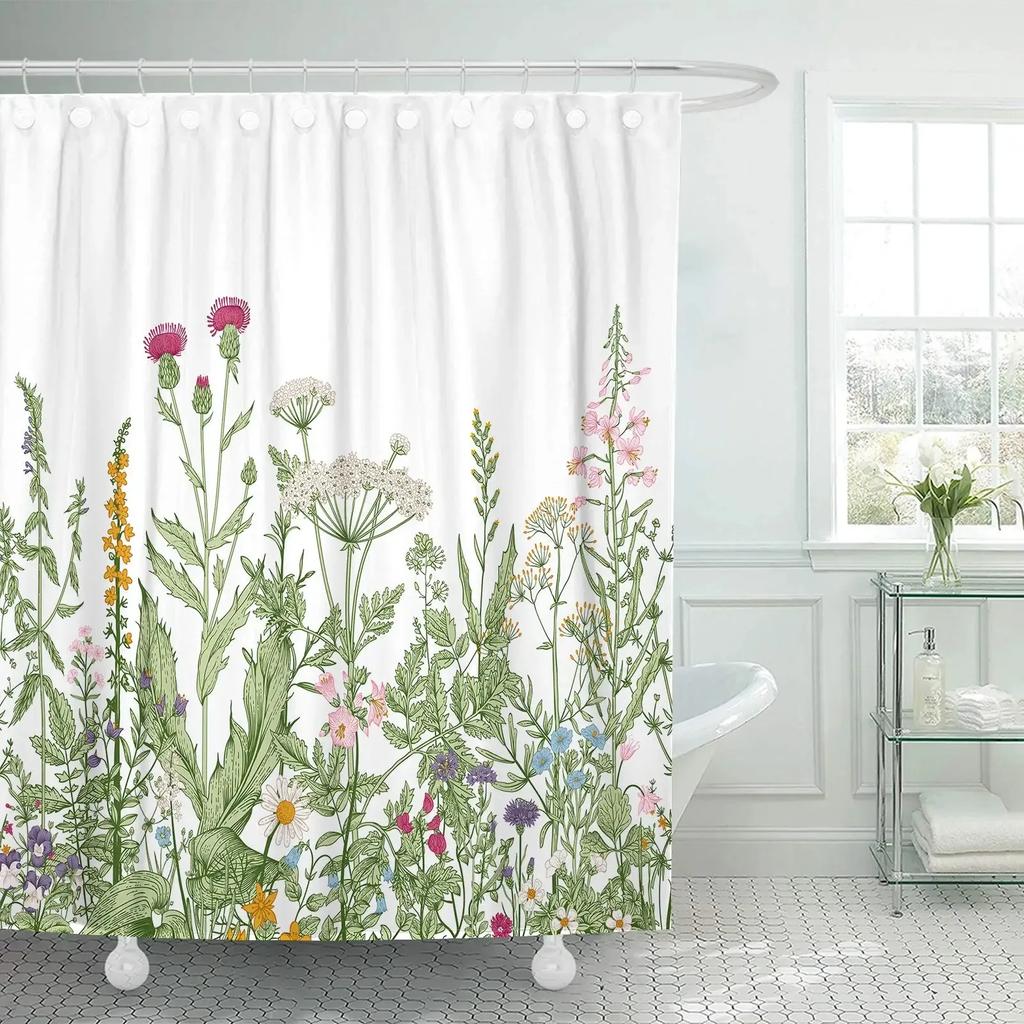 Pianta con Foglie Verdi Tropicali su Sfondo Bianco Tende da Doccia Inodore per Bagno Docce e Vasche da Bagno Decor con Ganci