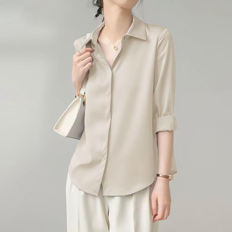 Spring Korean-style Pure Color Loose Satin Long Sleeve Shirt Women