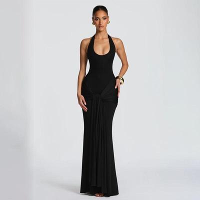 2025 Women's European & American Style Spliced Strappy Long Slim Fit Halterneck Formal Dress