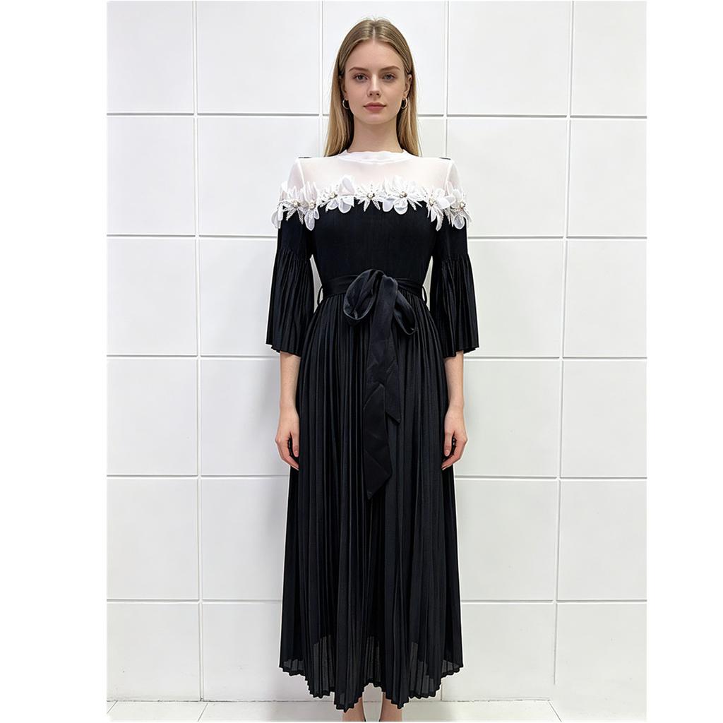 Miyake Pleated Lace-Panel Midi Dress Summer for Women 3/4 Sleeve Casual 3D Flower Appliques Print Vacation Midi Sundresss