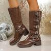 Belt Buckle Retro High Boots, Fashion Boots, Women's Shoes, New Long Boots, Chunky Leather Boots