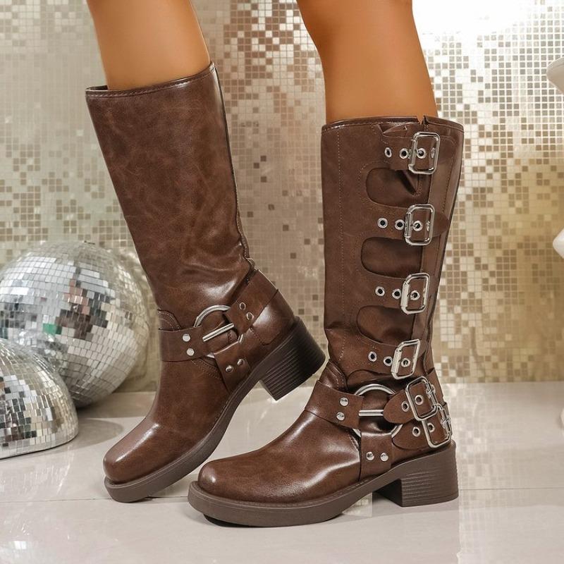 Belt Buckle Retro High Boots, Fashion Boots, Women's Shoes, New Long Boots, Chunky Leather Boots