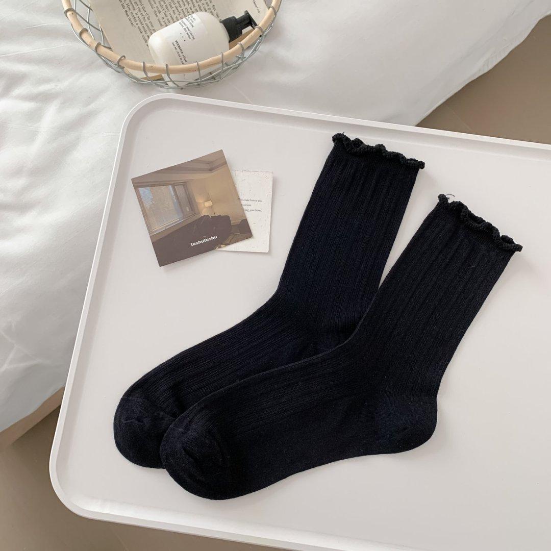 

1 Pair Casual 2025 Schoolgirl Anti-Odor Spring Summer Calf Sock Socks Solid Color Mesh Breathable Slouchy Socks with RuffleTrim One Size