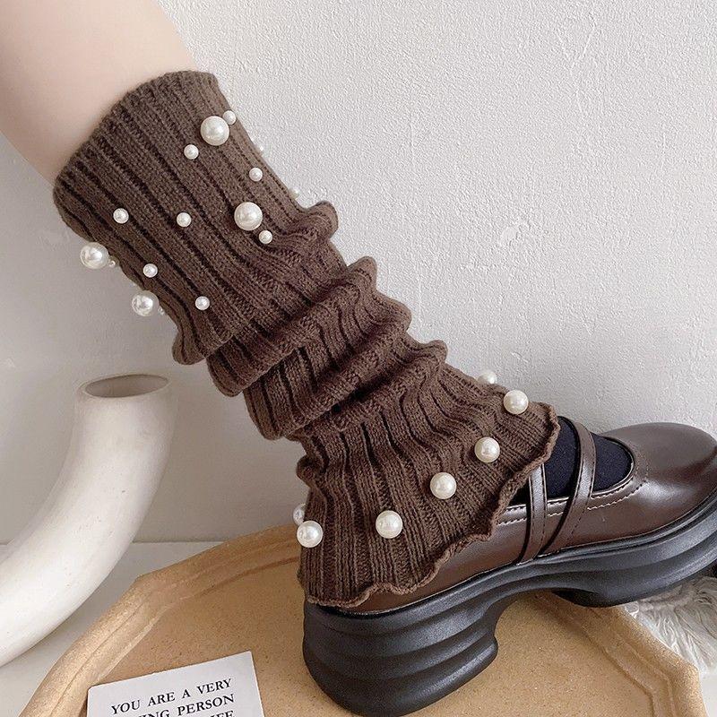 Women's Milk White Ruffled Wide-leg Leg Warmers Y2K Pearl Studded Socks JK Lolita Slouchy Long Leg Socks