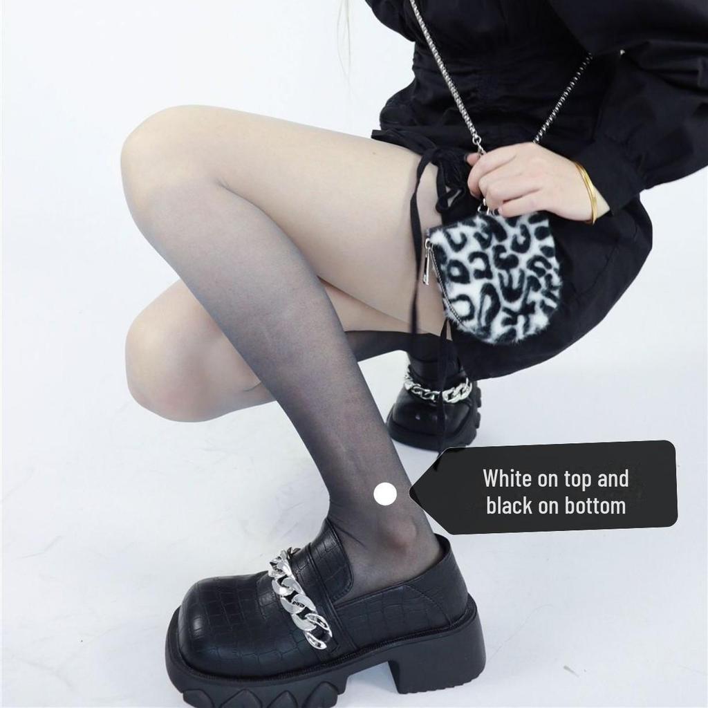 Lolita Stil Vita & Persika Gradient Strumpbyxor - Rosa och Svart Silkesfärg, Tunna med Kjol, Ren Åtrå.