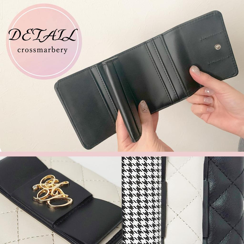 Crossmarbury Women's Tri-fold Wallet with Ribbon Quilting, Mini Wallet with Coin Purse, Small Wallet, Black, Cute, Palm-Sized, Perfect for Everyday