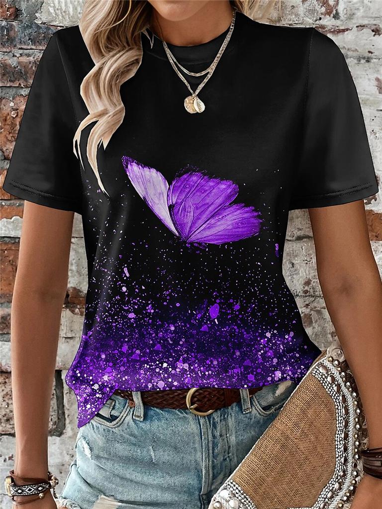 Butterfly & Glitter Gradient Print Casual T Shirt Crew Neck Short Sleeve Tee For Women Summer Holiday Travel And Daily Outfits