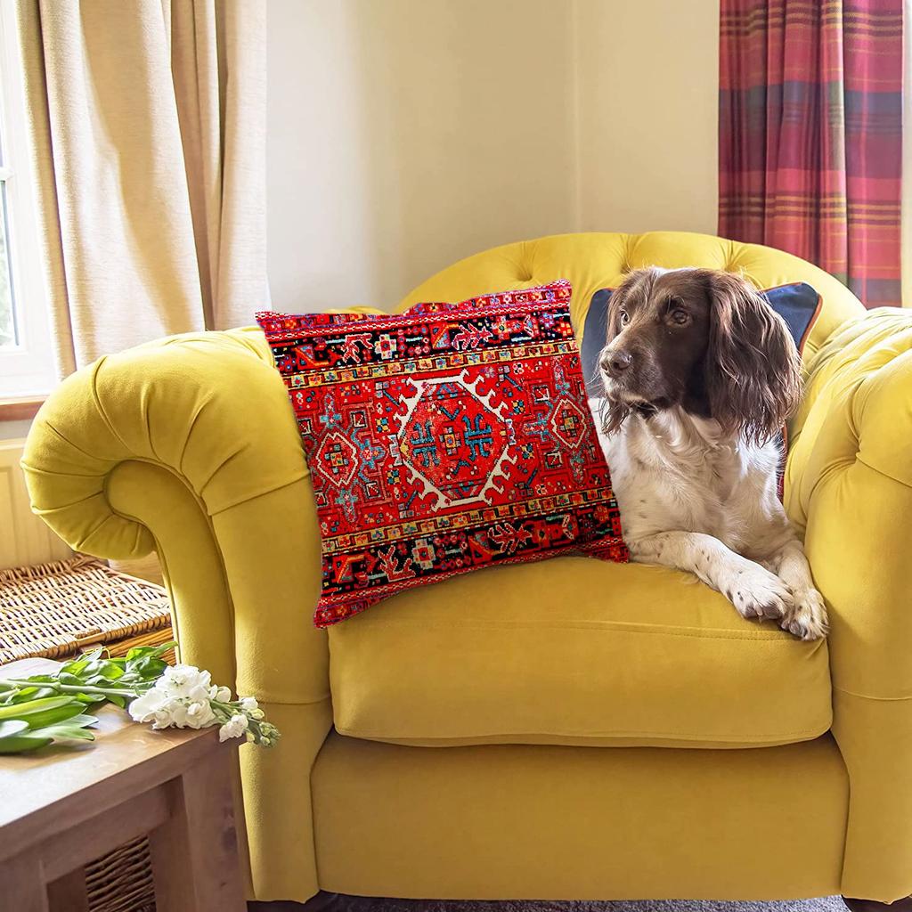 1Pc Red Persian Kilim Cushion Cover, Oriental Bohemian Rug Print Throw Pillow Case For Home Sofa Bedroom Decor