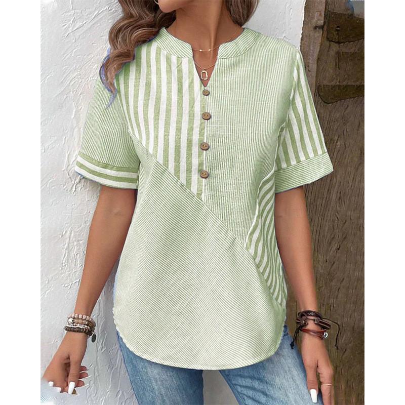 Women Cotton Linen Asymmetrical Striped Shirt With Vneck For Casual Office Wear