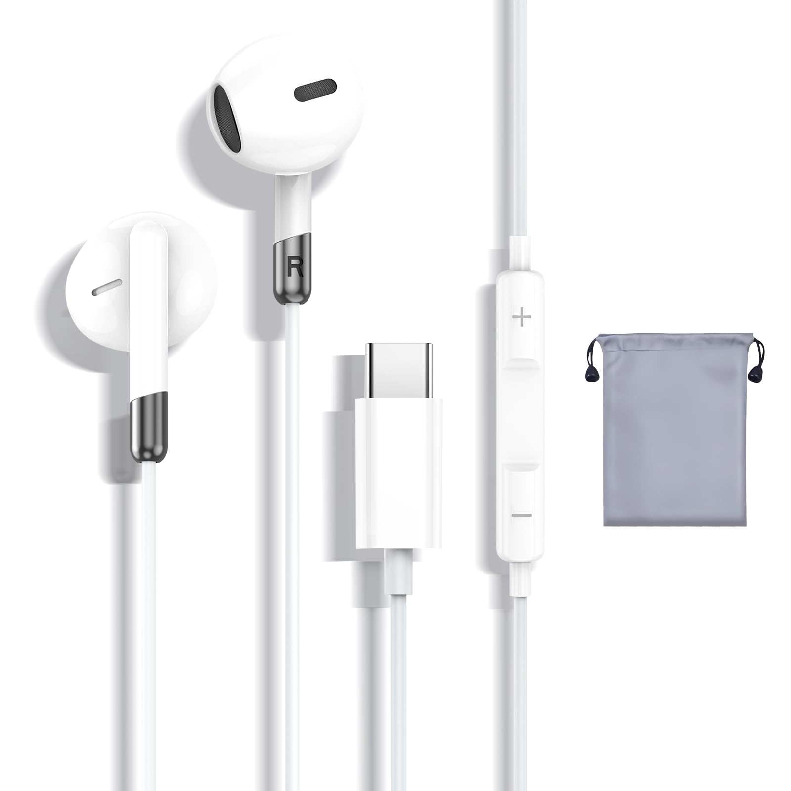 

Nowoto Wired Earphones Enhanced Sound USB Wired Earphones for Volume Noise Comfortable Compatible with and Includes Storage Pouch Type-C [2025 белый