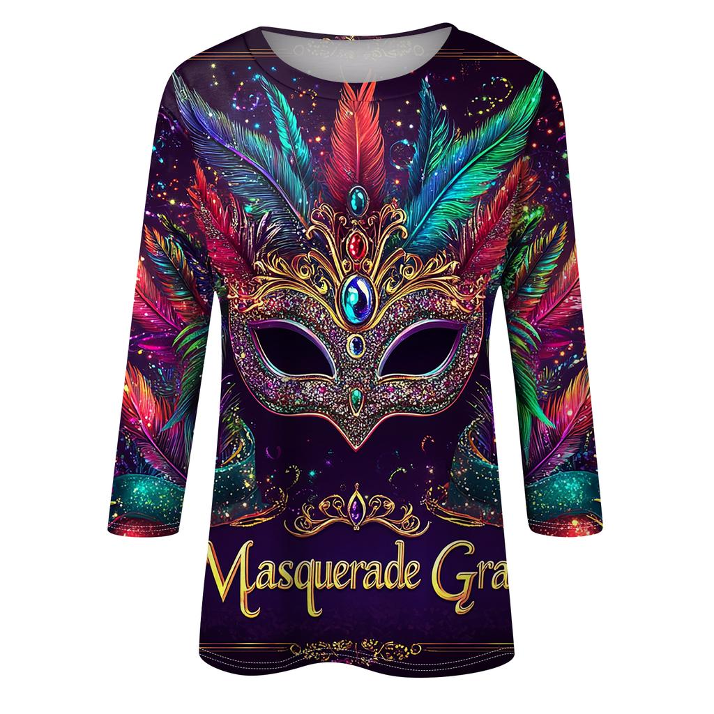 Dámské módní ležérní tričko s kulatým výstřihem a tříčtvrtečním rukávem s potiskem karnevalu