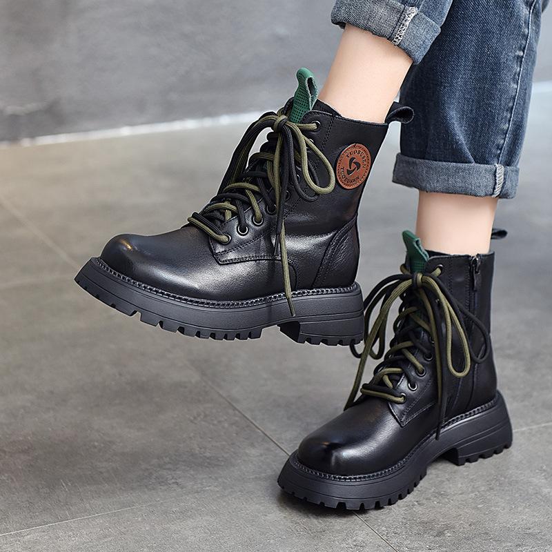 First-layer cowhide British wind locomotive boots round head thick-soled versatile short boots women's autumn and winter high-top Martin boots women's