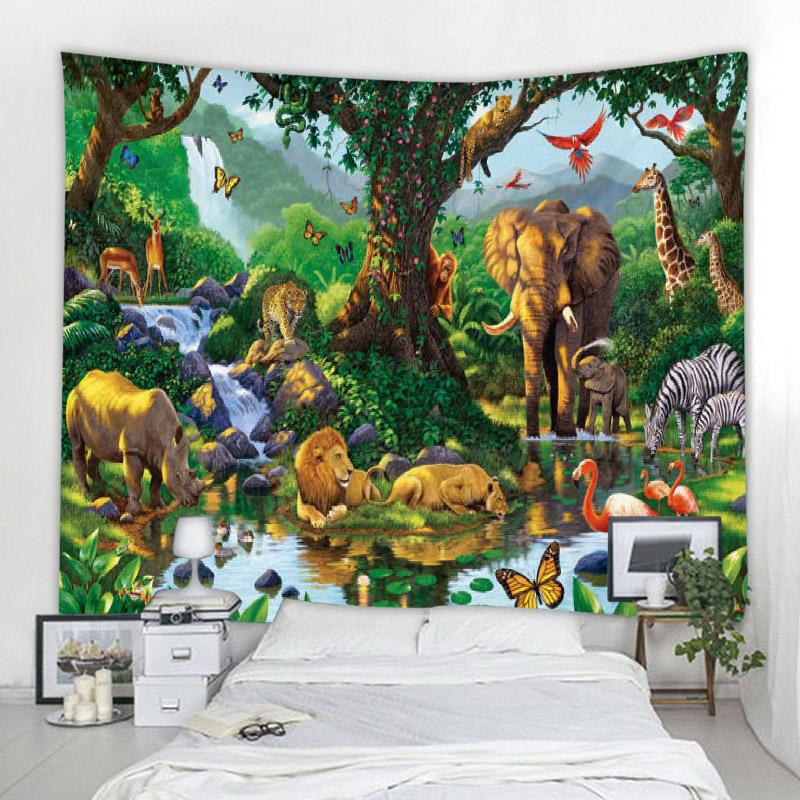 African Jungle Wild Animal Tapestry Rainforest Theme Wall Hanging Safari Animals Giraffe Elephant Tapestries For Boys Adults