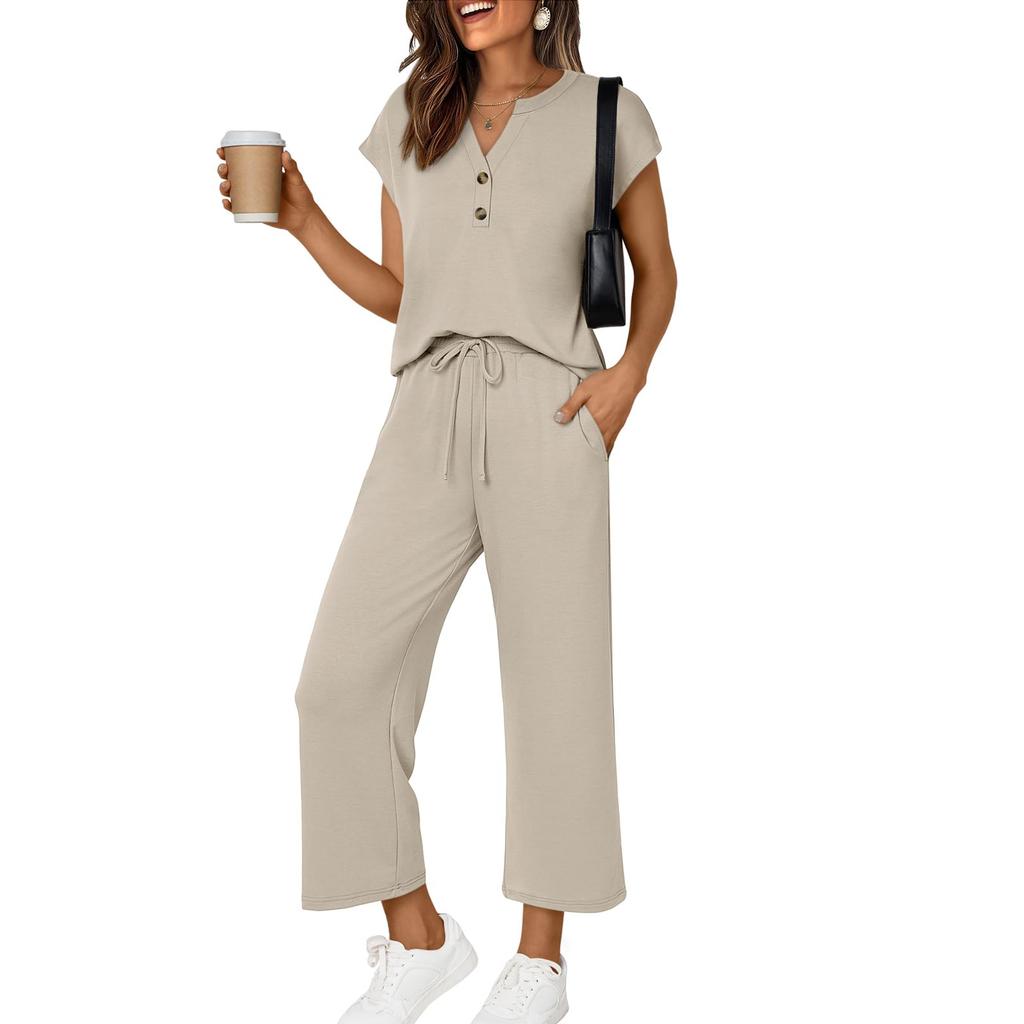 Women's Fashionable Casual Comfortable -Colour Small V-Neck Button-Front Short-Sleeved Two-Piece Suit
