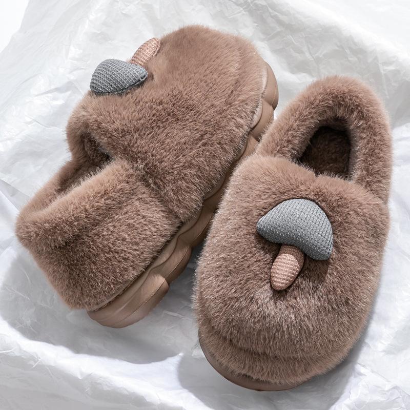 Cute Mushroom Cotton Slippers Women's Winter Bag Heel Warm Home Home Non-slip Couple Plush Thick-soled Fluffy Shoes Women