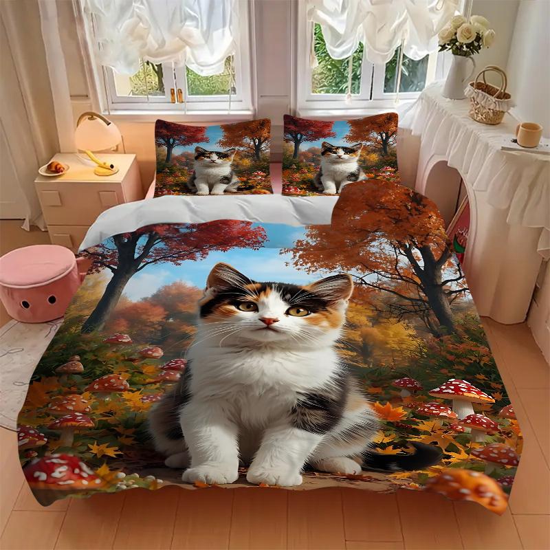 3Pcs Autumnal Cat Forest Bedding Set Soft Fabric Duvet Cover Pillowcases Home Christmas Xmas Halloween Gift 1 Duvet Cover 2 Pillowcase G15