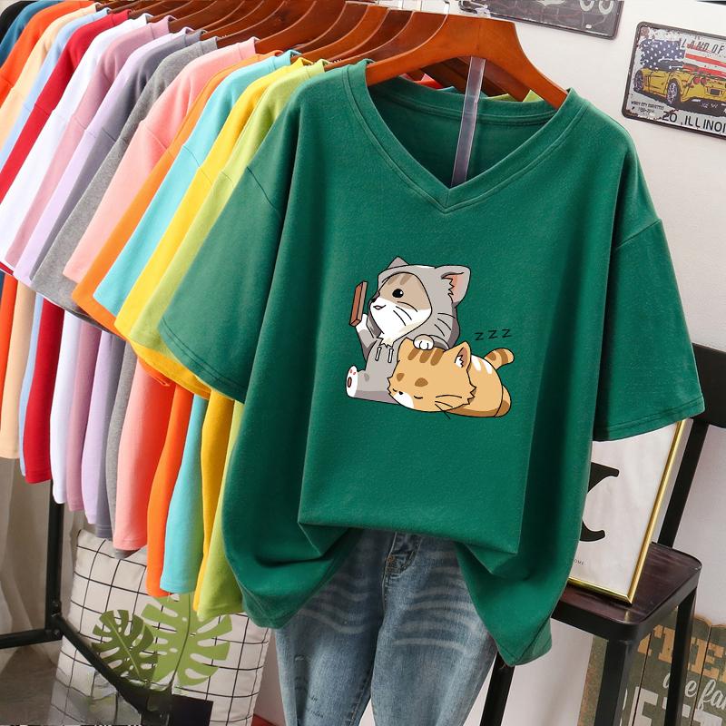 Kurzärmeliges T-Shirt, Locker sitzend, Schlankmachendes bedrucktes V-Ausschnitt-Top für Damen