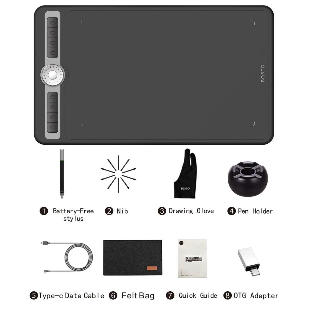 BOSTO T1060 10 x 6 İnç Dijital Sanat Grafik Çizim Tableti Pilsiz Kalem 10 Kalem Ucu 8192 Seviye Basınç 8