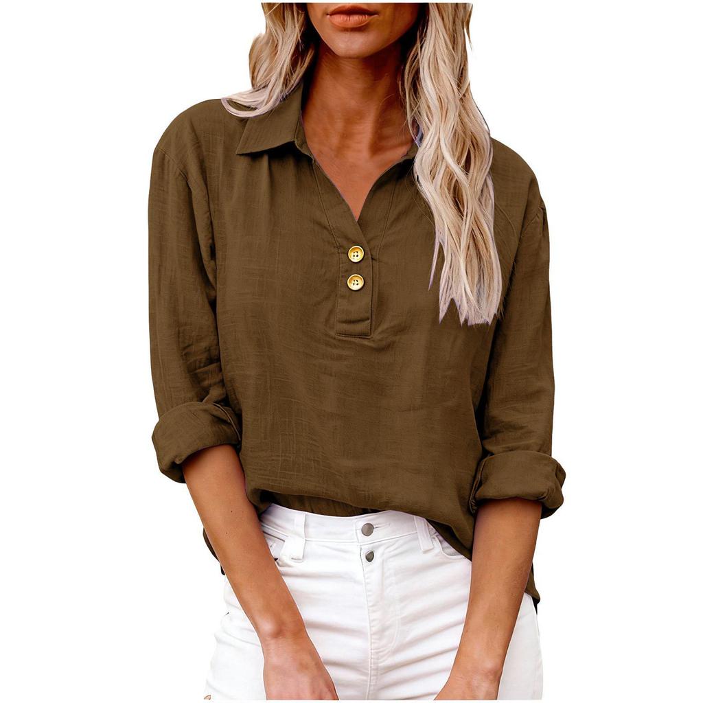 Women's Seven-Sleeve Cotton Linen Lapel Shirt - Solid Color, Casual, Breathable