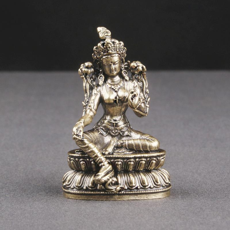 Retro Brass Green Tara Buddha Statue Desktop Decoration Vintage Buddha Figurine Collectible Buddha Ornament