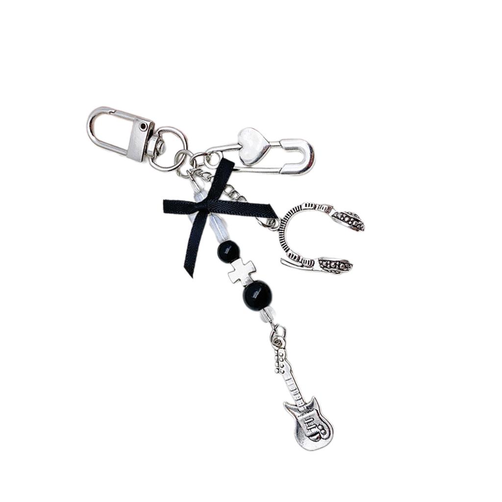 Sweet and Cool Heart Keychain with Guitar Bass and Bowknot Beautiful Keychains Unique Beaded Pendant Key Chain