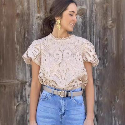 Chemisier Pull Manches Courtes Col en Dentelle Ajourée Manches Ballons Couleur Unie Col Rond pour Femme