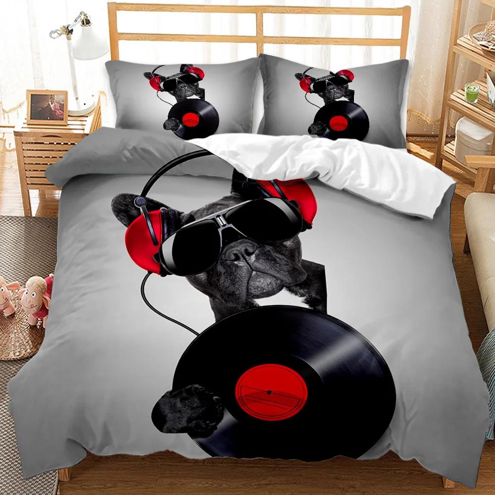 Set Copripiumino per Cani Set Biancheria da Letto Bulldog Francesi per Bambini Adolescenti Misura Singola Nero Musica Cucciolo Animale Domestico Cane Animale Poliestere Copripiumino