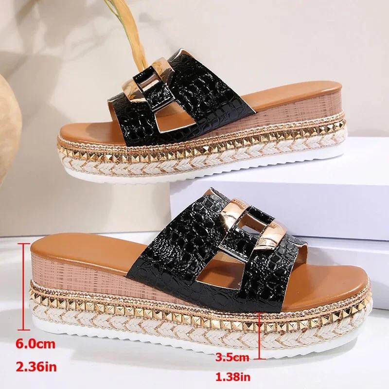 Fashion Platform Wedge Sandals for Women 2025 Summer Square Toe Thick Bottom Slippers Woman Plus Size Rivets Decor High Heel Sandles New