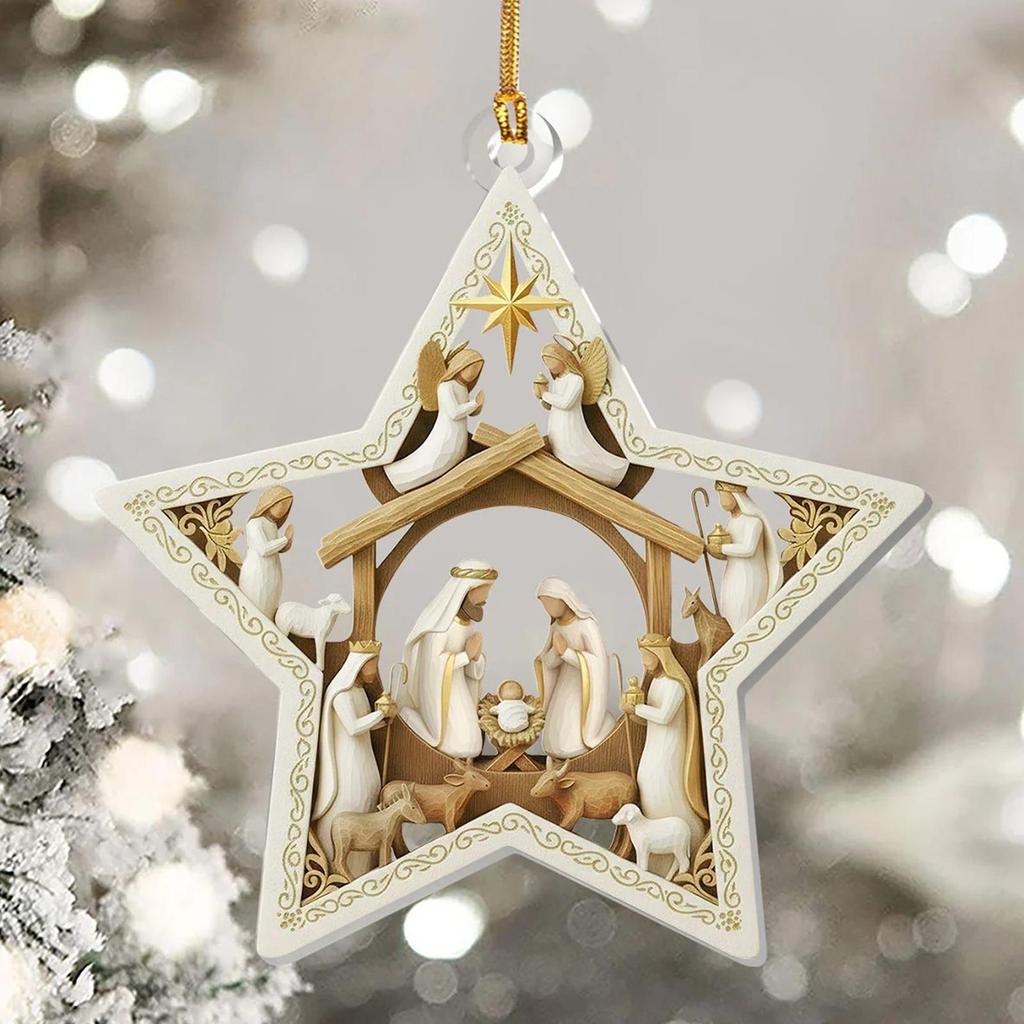 Christmas Tree Pendants 2D Flat Hangable Winter Holiday Christmas Decoration Acrylic Nativity Scene For Mantel Windowsill Door