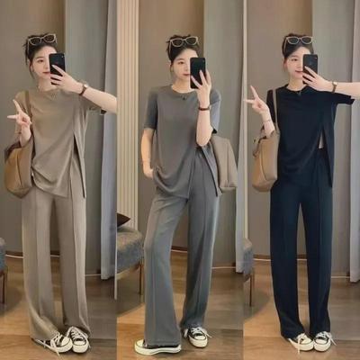 Korean Style Women's Summer Ice Silk Wide-Leg Pants Suit – Loose, Large-Size Trendy Design with Slit Short-Sleeved Top.