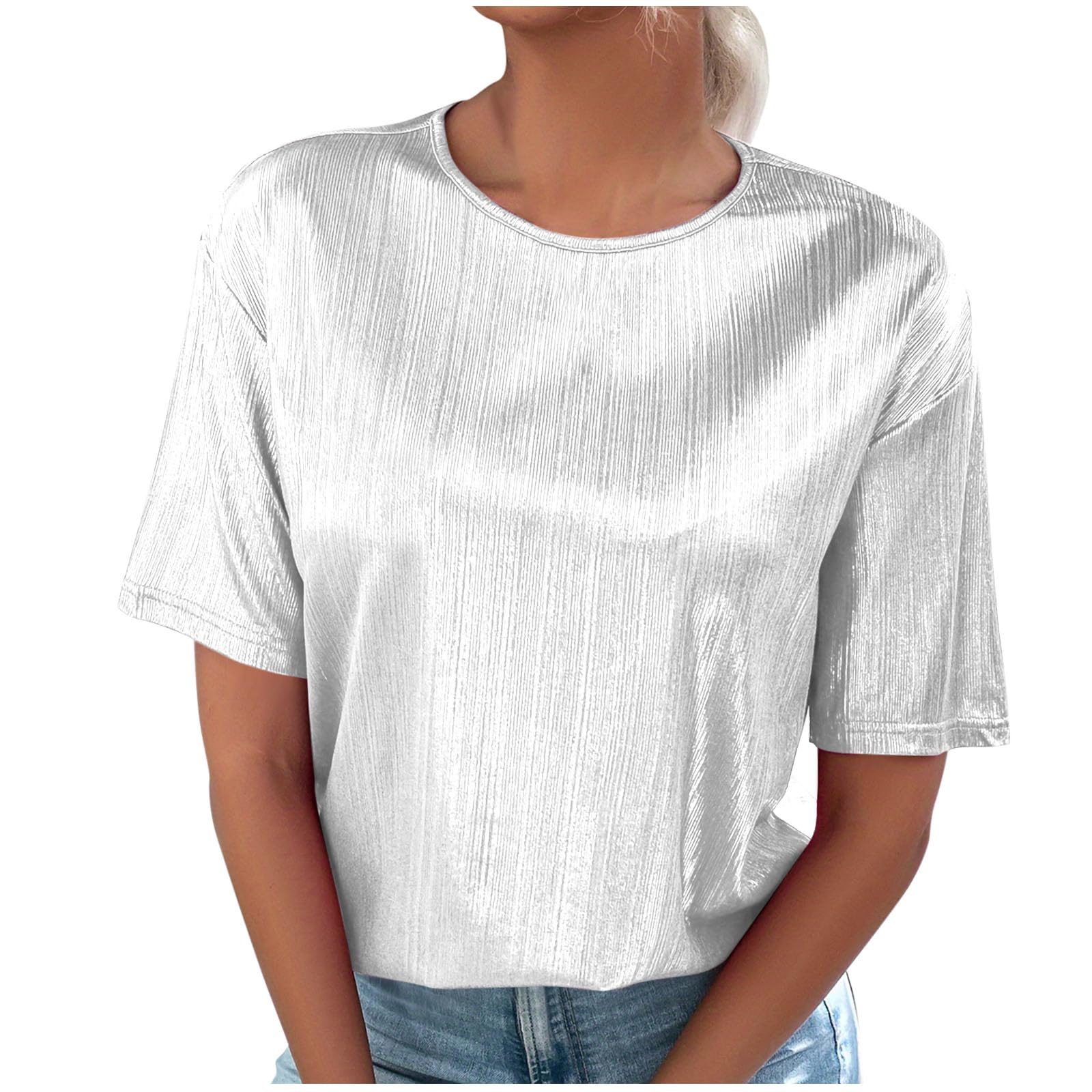 

Women s Fashionable Round-Neck Casual -Color Loose-Fit Top XL білий