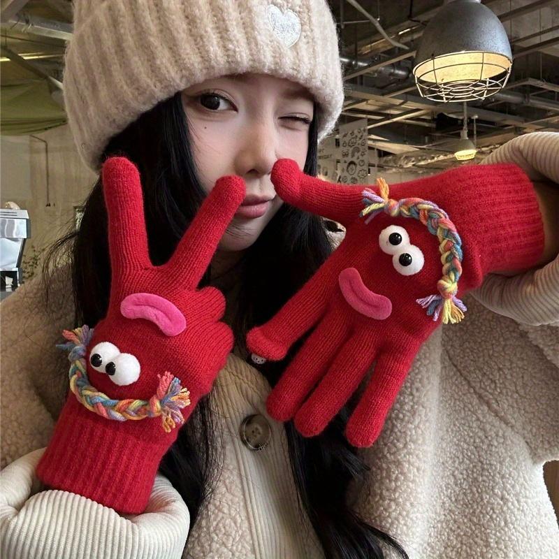 Cute Funny Ugly Cute Gloves Winter Female Velvet Warm Windproof Cold Student Riding Touch Screen Five Fingers