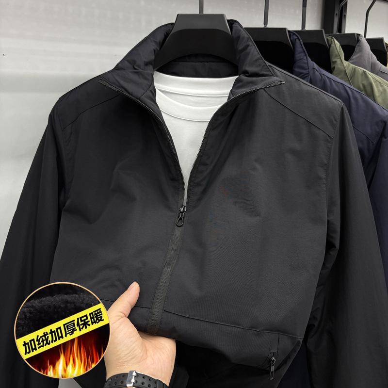 Men's Warm Velvet Jacket - Thick Stand Collar, Windproof, Solid Color Winter Coat for Middle-aged and Young Men.