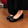 Women's Shoes Fashion Round Head 2025 New Thick Heel Rhinestone Versatile French Beanie Shoes Shallow Low Heel Single Shoes