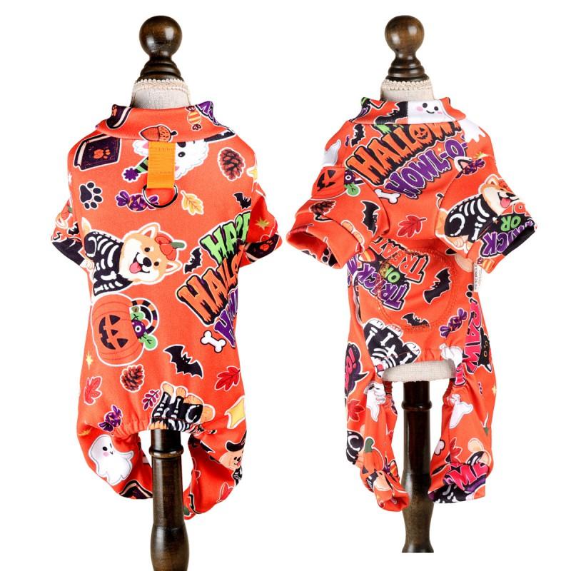 Halloween Orange Pet Pajamas With Pumpkin Print Teddy Yorkie Cat Dog Four-Legged Sleepwear Comfortable Home Outfit