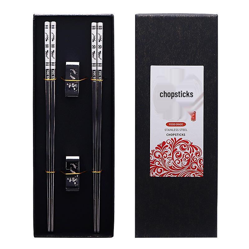 304 Stainless Steel Chopsticks & Rests Gift Set with Laser Black and White Logo