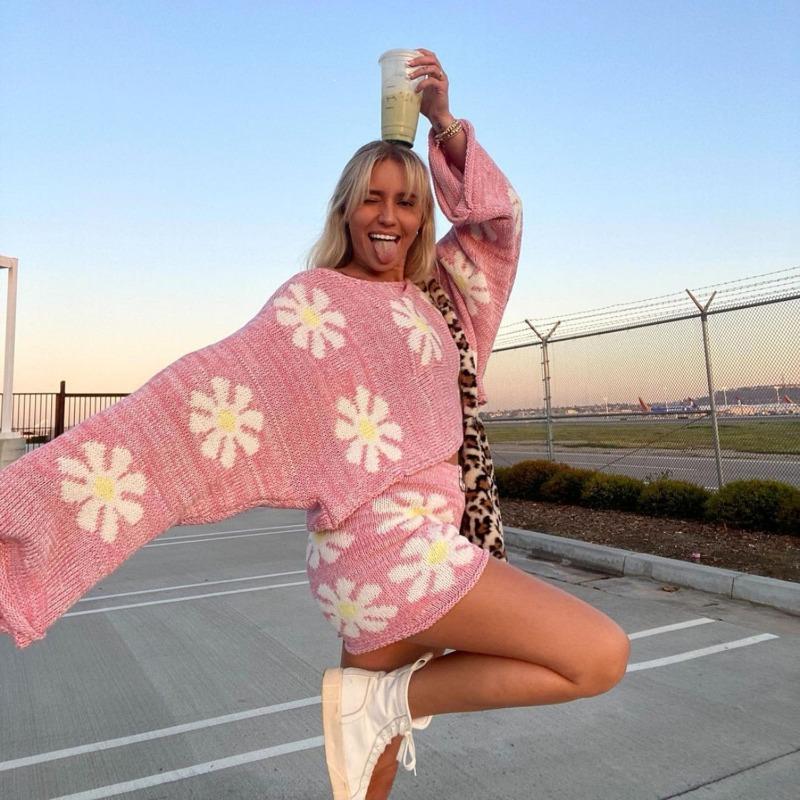 Podzimní a zimní dámský ležérní barevný květinový vlněný pletený oblek