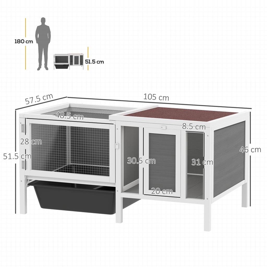 Outdoor Rabbit Hutch with House, Running Area and Tray, Made of Wood, Metal and PET, 105x57.5x51.5 cm, Grey