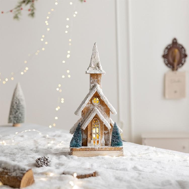 Table Display Christmas Cottage Ornament with Light Effect, Wooden Snow Cabin Decoration for Tabletop Shelf Styling