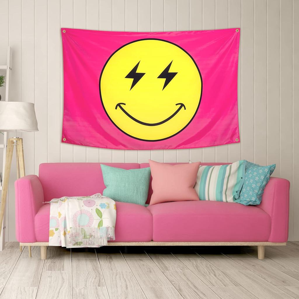 Preppy Tapestry Pink Smile Face Flag 60'' X 40'', Heavy Duty 200D Polyester Cute Smile Banner for Teen Room Girls Bedroom College Dorm Wall Hanging