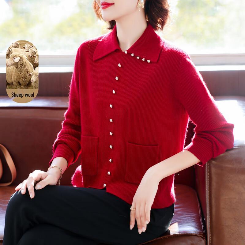 

QianLian Women s 100% Wool Lapel Sweater XL