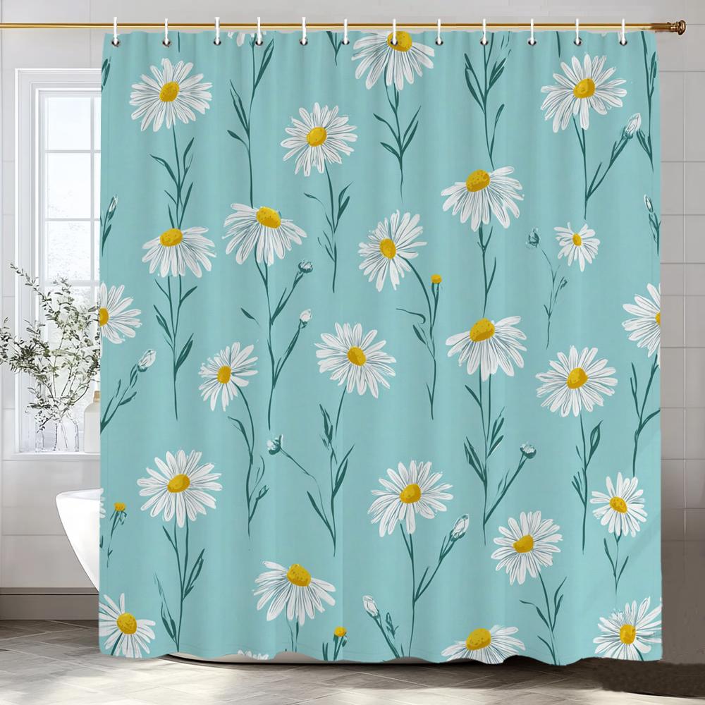White Daisy Flowers Shower Curtain, Floral Art Bathroom Decorative Shower Curtain, Printed Polyester Fabric Curtain with Hooks