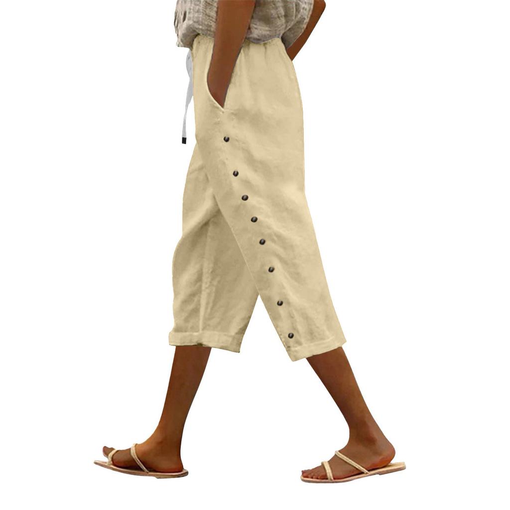 Women Casual  Side Button Up Trendy Pants Baggy Elastic Waist Straight Leg Comfort Trousers With Pocket