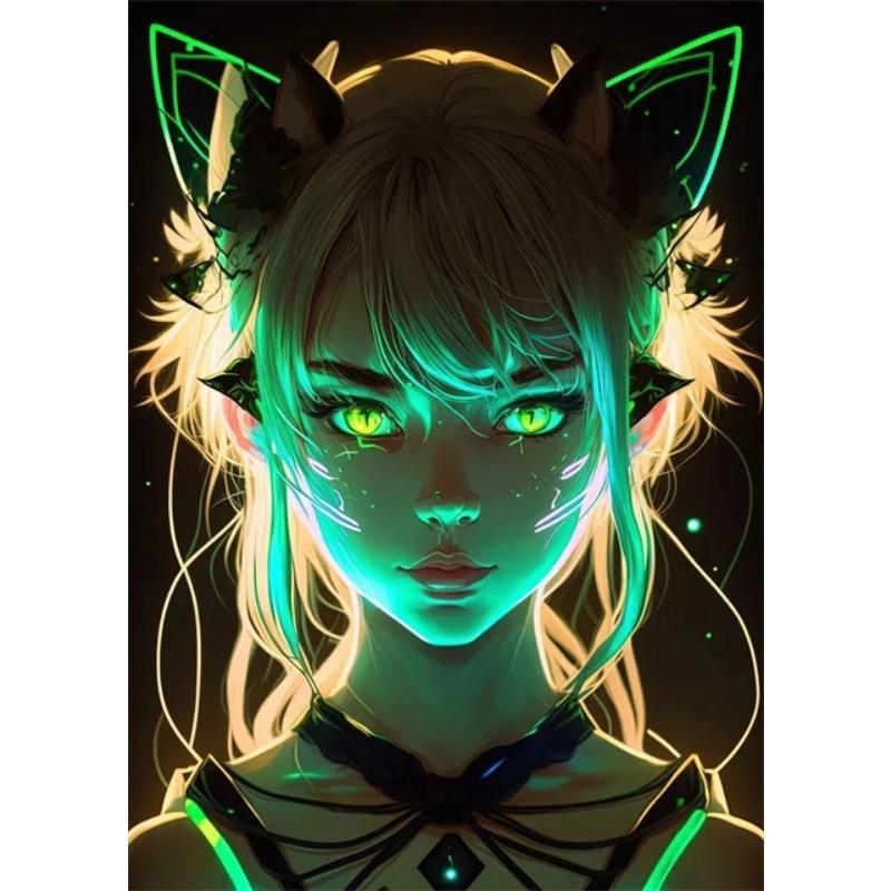 Neon Anime Cat Girl Posters Prints Canvas Painting Manga Neon Canvas Wall Art Pictures for Modern Home Girl Bedroom Game Decor