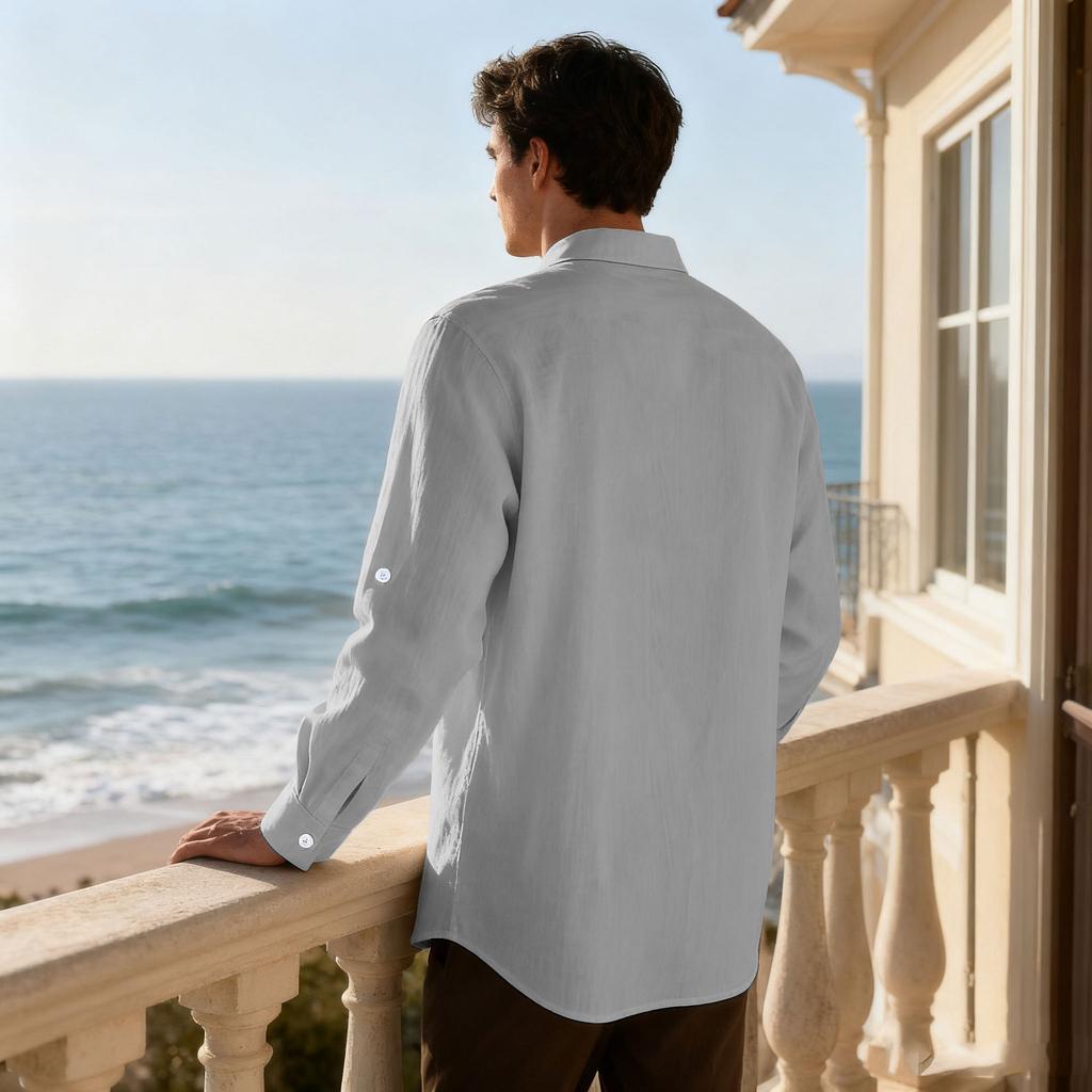 New Spring/Autumn Linen Long-Sleeved Men's Shirt Casual Beach Holiday Stand-Up Collar Commuter Shirt
