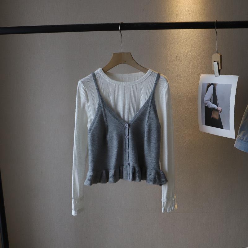 

Bi Zheng 2025 Spring Korean Style Two-Piece Set: Long Sleeve T-Shirt & Layering Camisole Vest One Size сірий колір/білий