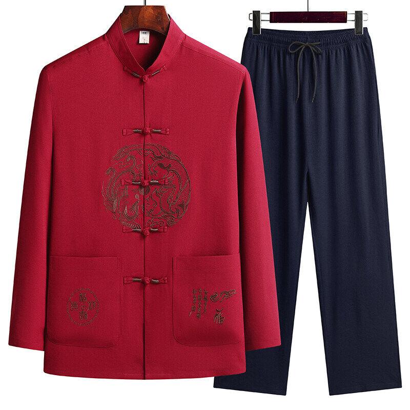 Male Printing Chinese Style Long Sleeves Shirts Trouser Cotton Silk Fabric Sportswear Men's Casual Sets Shirts + Pants